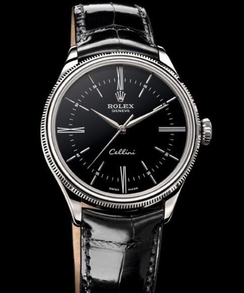 Rolex Cellini Watch Replica Cellini Time 50509 White Gold - Black Dial - Alligator Strap
